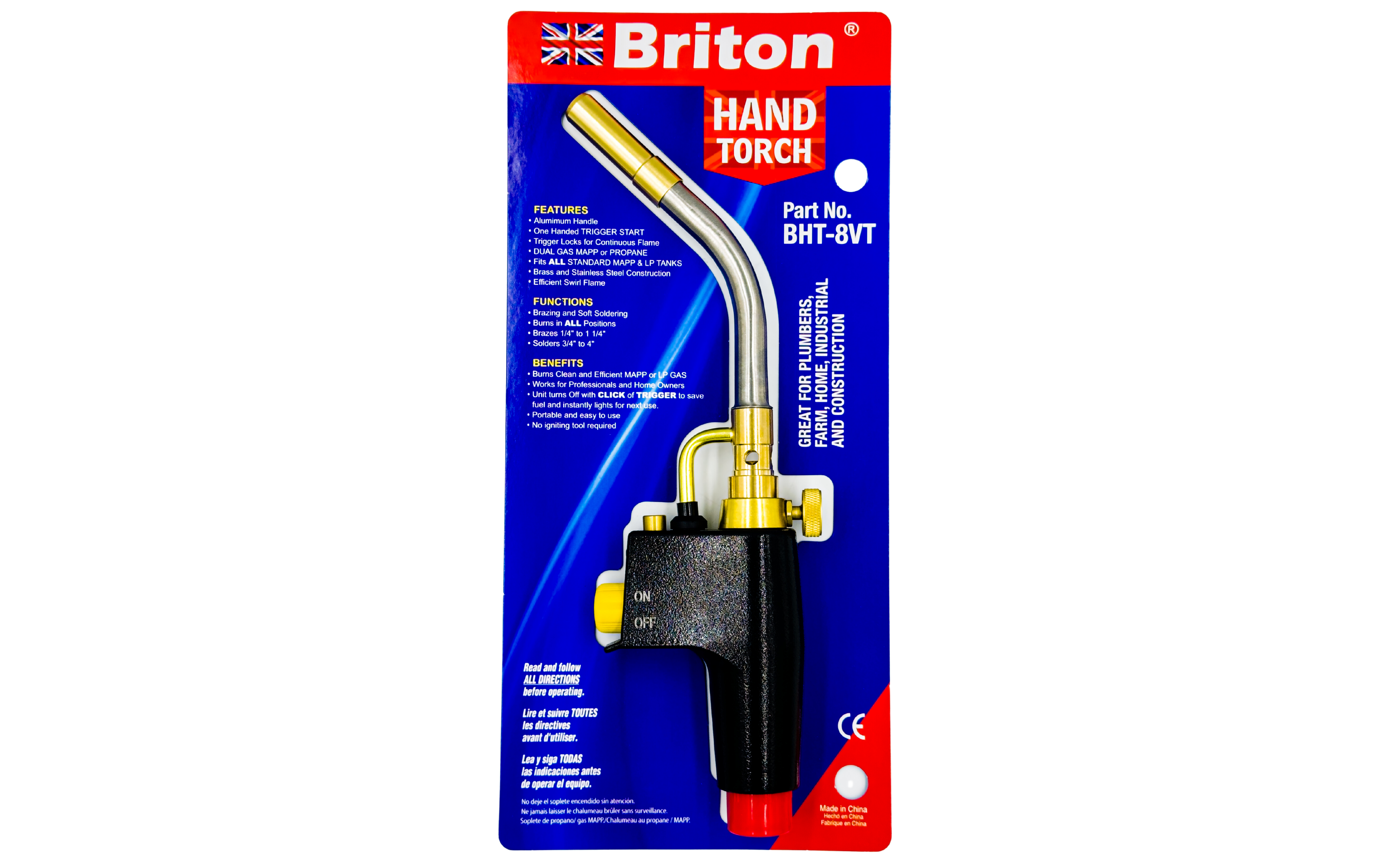 Briton Refrigerant Hand Torch for Mapp & Propane Gas, Trigger Start, Stainless Steel & Brass Tip, for HVAC Applications