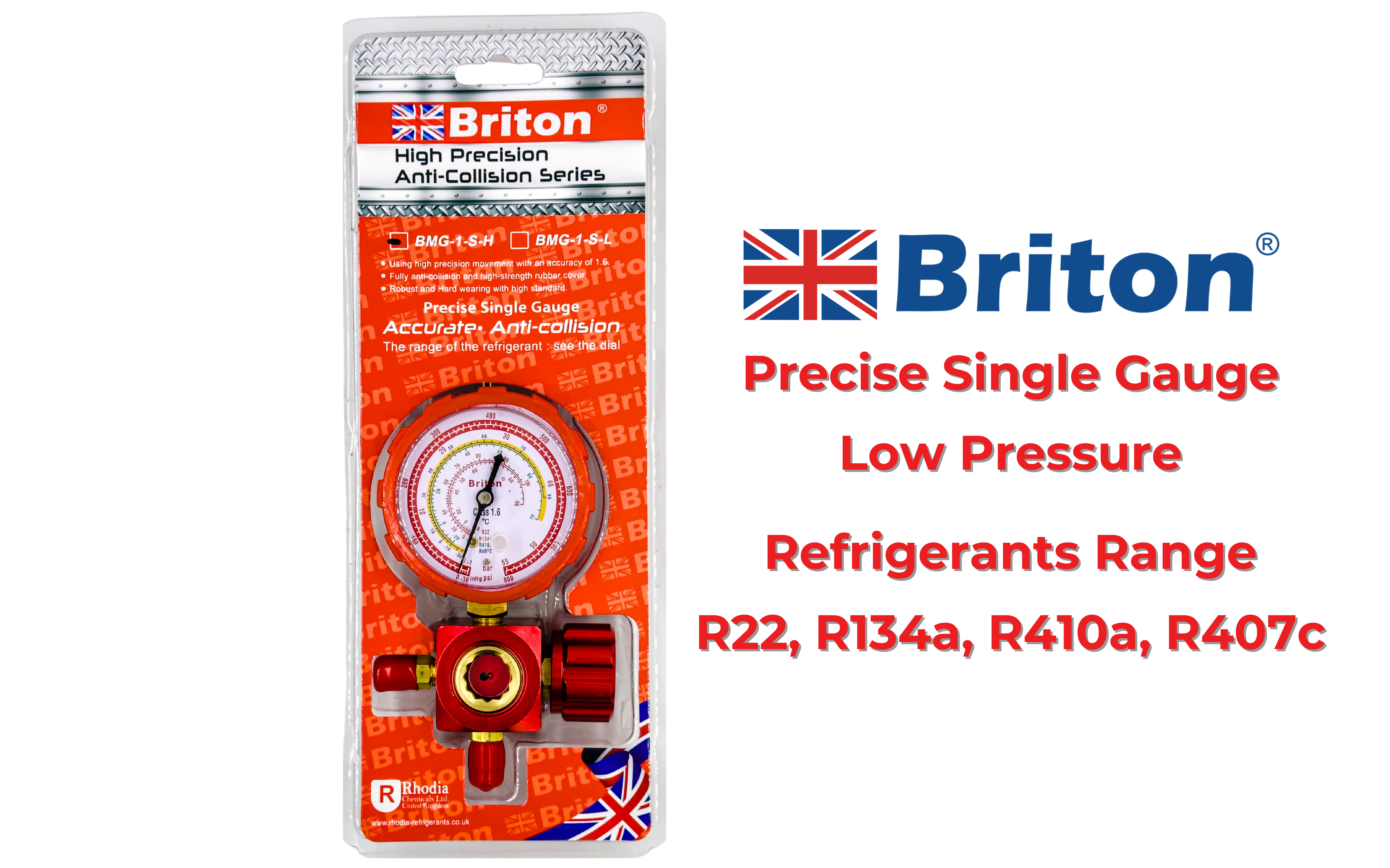 Briton Refrigerant High Pressure Manifold Gauge with Valve - Red, Ideal for HVAC Systems